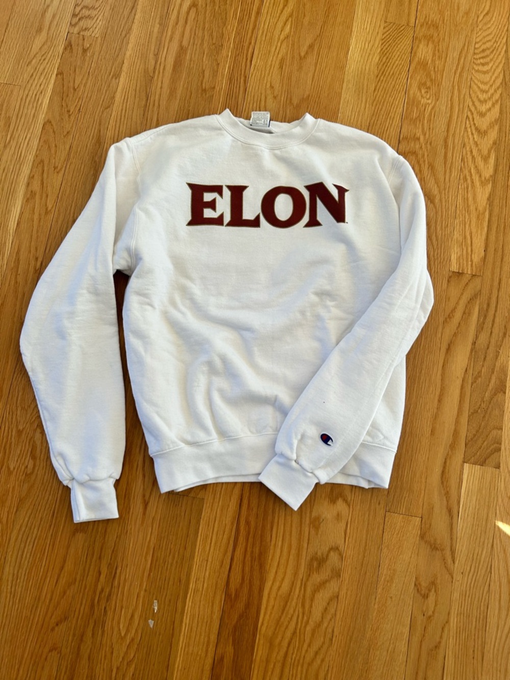 Champion White Crewneck Sweatshirt with Maroon ELON Logo